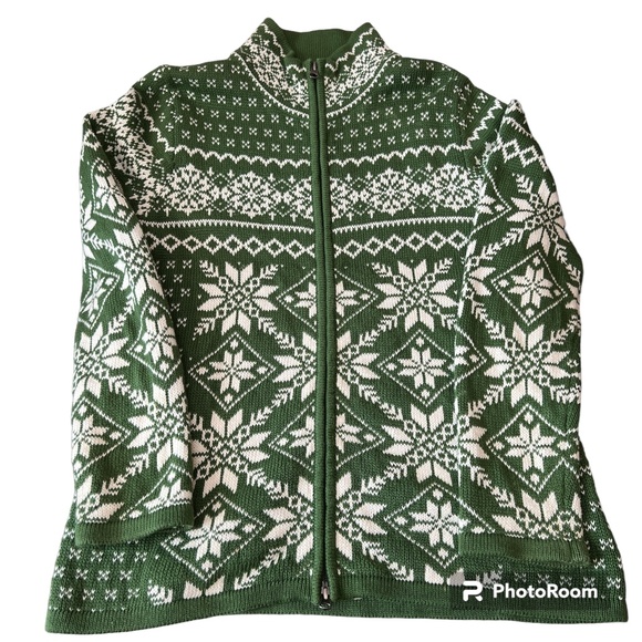 L.L. Bean Heavy Cotton Zip Cardigan Green White Faire Isle Holiday Size Medium - Picture 1 of 9